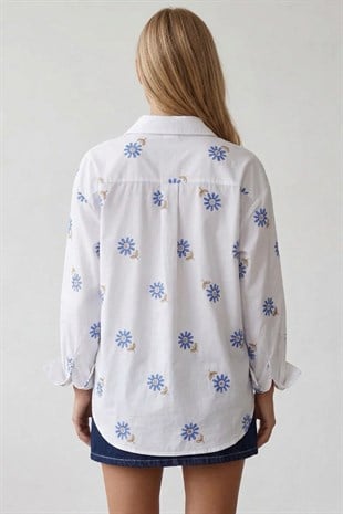 Kadın Beyaz Gizli Patlı Çiçek Desenli Oversize Poplin Gömlek Alc-X15503