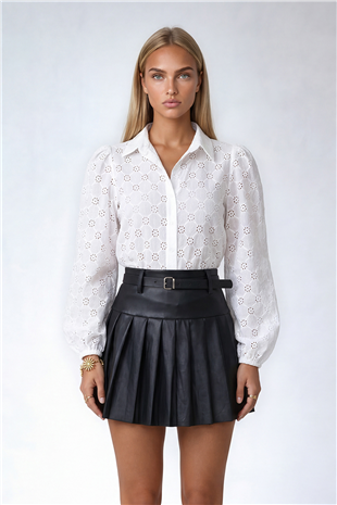 Kadın Beyaz Güpür Dokuma Premıum Gömlek ALC-X4366