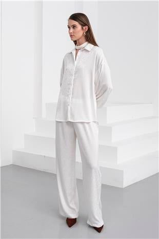Kadın Beyaz Jakar Desen Saten Gömlek Ve Pantolon Saten Takım VS01231