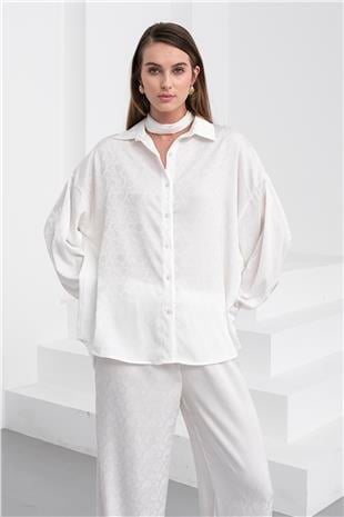 Kadın Beyaz Jakar Desen Saten Gömlek Ve Pantolon Saten Takım VS01231