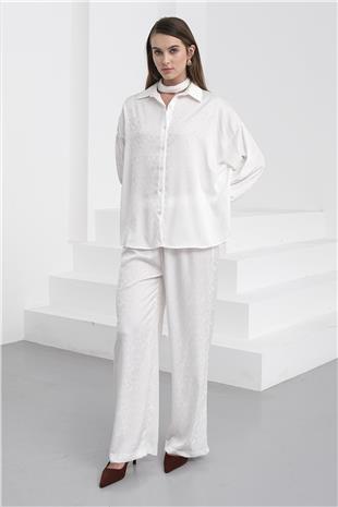Kadın Beyaz Jakar Desen Saten Gömlek Ve Pantolon Saten Takım VS01231
