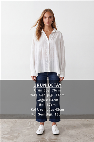 Kadın Beyaz Jakarlı Oversize Dokuma Gömlek Alc-X15629