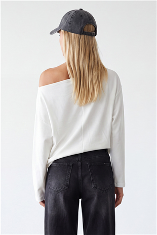 Kadın Beyaz Kayık Yaka Baskılı Modal Sweatshirt Alc-X15728