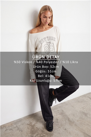 Kadın Beyaz Kayık Yaka Baskılı Modal Sweatshirt Alc-X15731