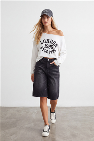 Kadın Beyaz Kayık Yaka Baskılı Modal Sweatshirt Alc-X15728