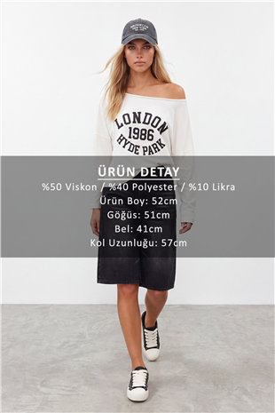 Kadın Beyaz Kayık Yaka Baskılı Modal Sweatshirt Alc-X15728