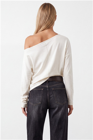 Kadın Beyaz Kayık Yaka Baskılı Modal Sweatshirt Alc-X15731
