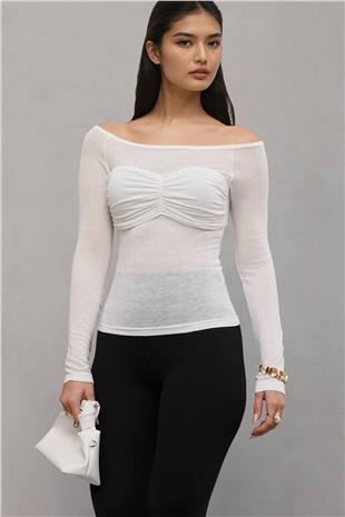 Kadın Beyaz Kayık Yaka Drape Detaylı Transparan  Bluz Alc-X14882