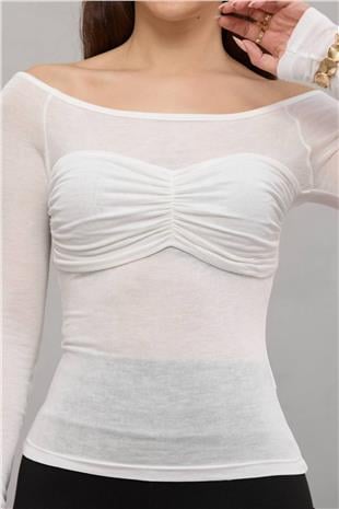 Kadın Beyaz Kayık Yaka Drape Detaylı Transparan  Bluz Alc-X14882