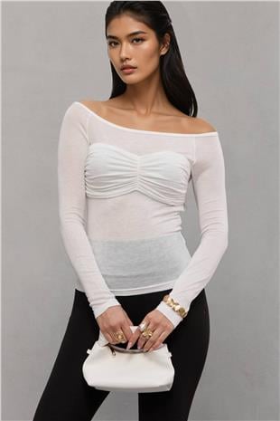 Kadın Beyaz Kayık Yaka Drape Detaylı Transparan  Bluz Alc-X14882