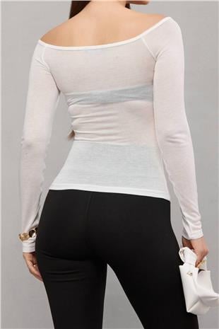 Kadın Beyaz Kayık Yaka Drape Detaylı Transparan  Bluz Alc-X14882