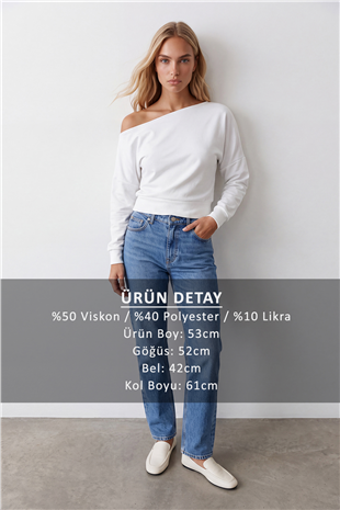 Kadın Beyaz Kayık Yaka Uzun Kollu Bluz Alc-X15611