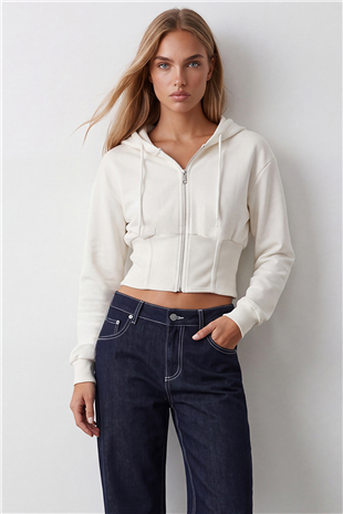 Kadın Beyaz Korseli Kapişonlu Sweatshırt Alc-X15622