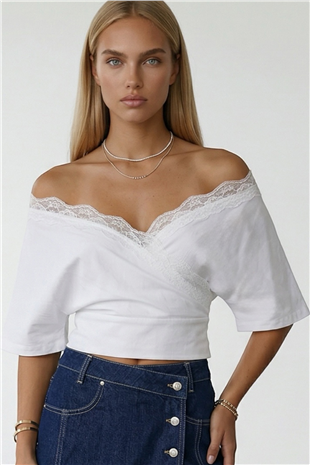 Kadın Beyaz Ön Arka V Yaka Dantel Detaylı Örme Bluz Alc-X15407
