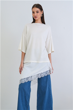 Kadın Beyaz Oversize Dantelli Kombine T-Shırt Alc-X15239
