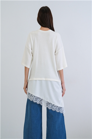 Kadın Beyaz Oversize Dantelli Kombine T-Shırt Alc-X15239