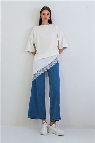 Kadın Beyaz Oversize Dantelli Kombine T-Shırt Alc-X15239