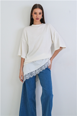 Kadın Beyaz Oversize Dantelli Kombine T-Shırt Alc-X15239