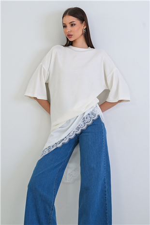 Kadın Beyaz Oversize Dantelli Kombine T-Shırt Alc-X15239