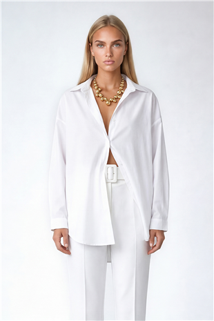 Kadın Beyaz Oversize Uzun Dokuma Gömlek ALC-X6828