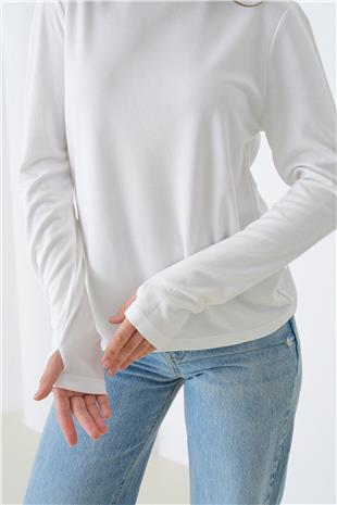 Kadın BEYAZ Parmak Geçirmeli Bisiklet Yaka Basic Bluz VS01447