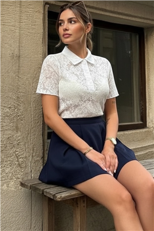 Kadın Beyaz Polo Yaka Yarım Pat Düğmeli Dantel T-Shırt Alc-X15328
