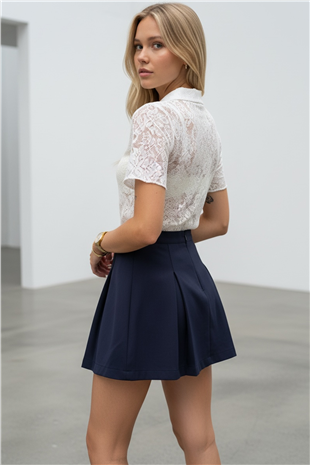 Kadın Beyaz Polo Yaka Yarım Pat Düğmeli Dantel T-Shırt Alc-X15328