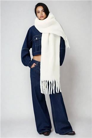 Kadın BEYAZ Püskül Detaylı Agnra Triko Şal VS01386