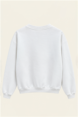 Kadın Beyaz Ribanalı Bisiklet Yaka Baskılı Şardonlu Üç İplik Sweatshirt Alc-X15961