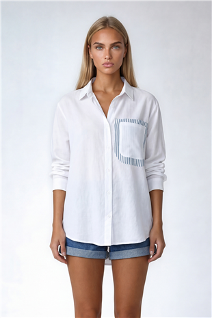 Kadın Beyaz Sırt Dekolteli Asimetrik Kesim Dokuma Gömlek ALC-X6472