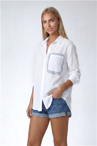 Kadın Beyaz Sırt Dekolteli Asimetrik Kesim Dokuma Gömlek ALC-X6472