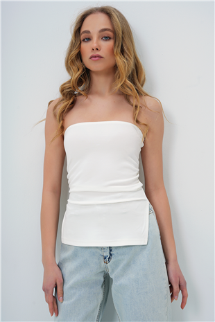 Kadın Beyaz Straplez Yanı Yırtmaçlı Çelik Örme Bluz Alc-X13752