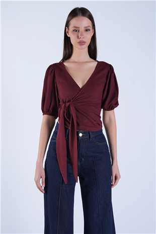 Kadın Bordo Balon Kol Kruvaze Belden Bağlamalı Bluz Alc-X15130