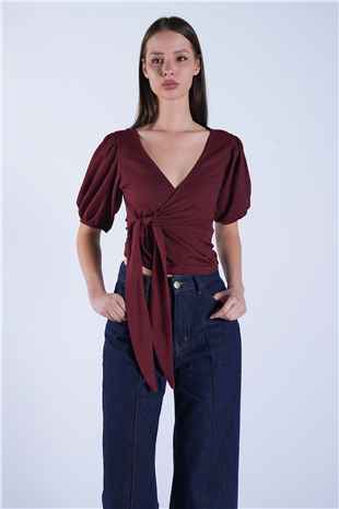 Kadın Bordo Balon Kol Kruvaze Belden Bağlamalı Bluz Alc-X15130
