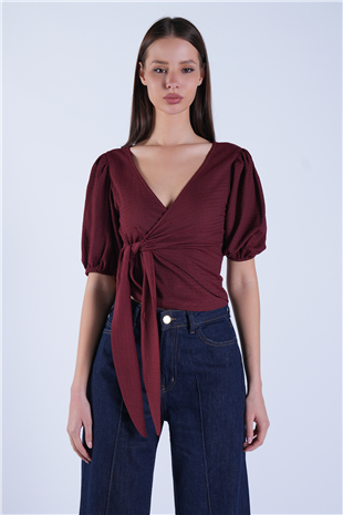 Kadın Bordo Balon Kol Kruvaze Belden Bağlamalı Bluz Alc-X15130