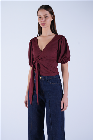 Kadın Bordo Balon Kol Kruvaze Belden Bağlamalı Bluz Alc-X15130