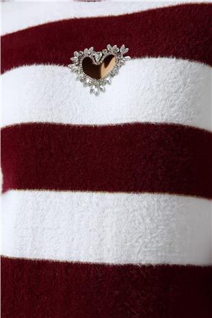 Kadın BORDO-BEYAZ Kalp Detaylı Taş İşlemeli Çizgili Triko Kazak VS01646