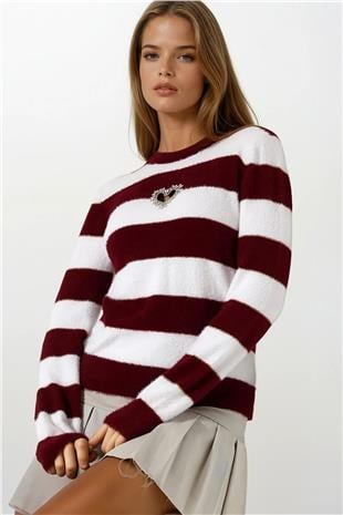 Kadın BORDO-BEYAZ Kalp Detaylı Taş İşlemeli Çizgili Triko Kazak VS01646