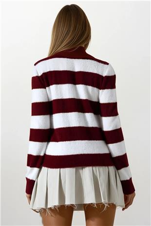 Kadın BORDO-BEYAZ Kalp Detaylı Taş İşlemeli Çizgili Triko Kazak VS01646