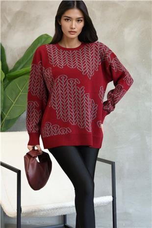 Kadın Bordo Bisiklet Yaka Desenli Triko Kazak Alc-X14741