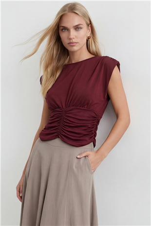 Kadın Bordo Bisiklet Yaka Drape Detaylı Vatkalı Sandy Bluz Alc-X15485