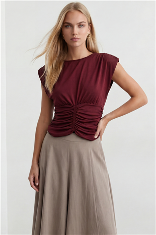 Kadın Bordo Bisiklet Yaka Drape Detaylı Vatkalı Sandy Bluz Alc-X15485