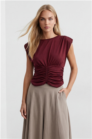 Kadın Bordo Bisiklet Yaka Drape Detaylı Vatkalı Sandy Bluz Alc-X15485