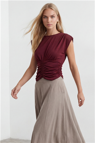 Kadın Bordo Bisiklet Yaka Drape Detaylı Vatkalı Sandy Bluz Alc-X15485