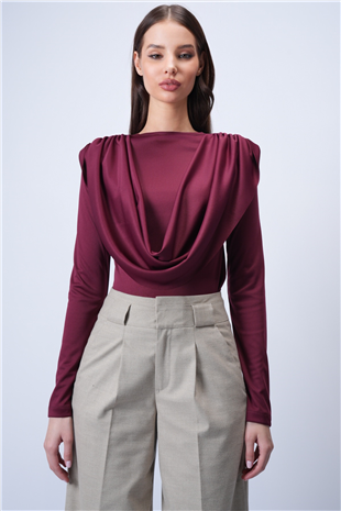 Kadın Bordo Bisiklet Yaka Omuzları Drapeli Sabit Şal Detaylı Örme Bluz Alc-X15063