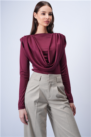 Kadın Bordo Bisiklet Yaka Omuzları Drapeli Sabit Şal Detaylı Örme Bluz Alc-X15063