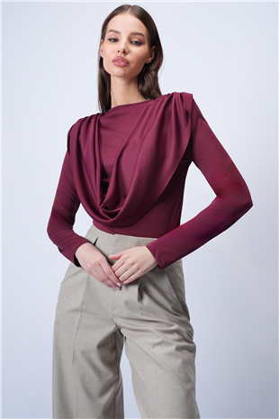 Kadın Bordo Bisiklet Yaka Omuzları Drapeli Sabit Şal Detaylı Örme Bluz Alc-X15063
