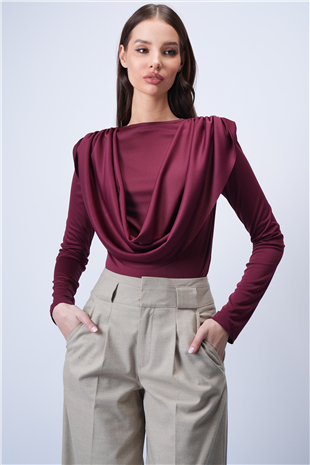 Kadın Bordo Bisiklet Yaka Omuzları Drapeli Sabit Şal Detaylı Örme Bluz Alc-X15063