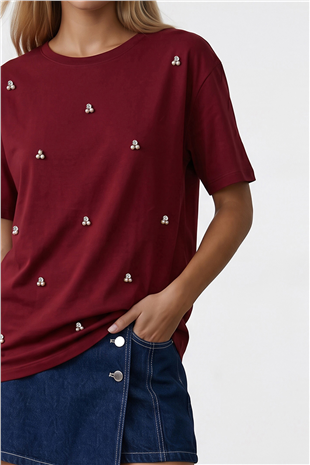 Kadın Bordo Bisiklet Yaka Oversize İnci Ve Taş İşlemeli T-Shirt ALC-X11964