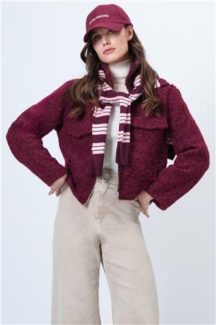 Kadın BORDO Çift Cepli Fermuar Kapamalı Buklet Ceket VS01507